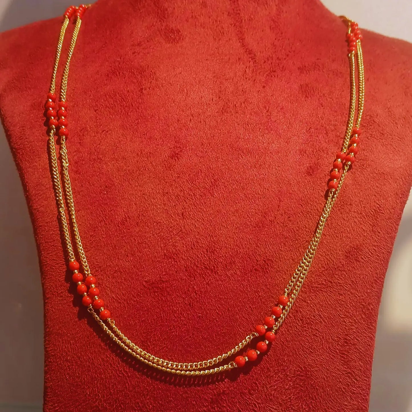 GOLD PLATED RED PEARL DOUBLE LAYER CHAIN