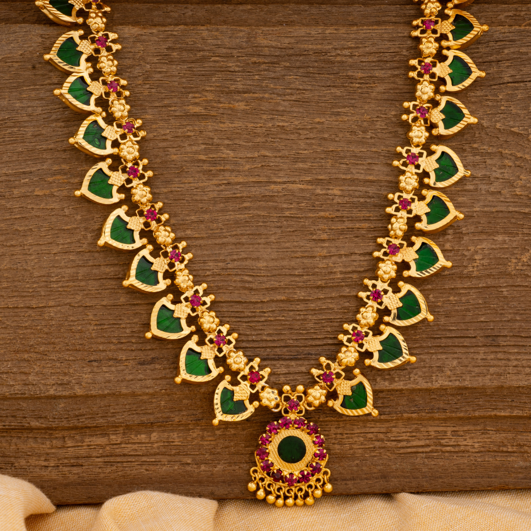 KERALA TRADITIONAL GREEN COLOUR  GOLD PLATED PALAKKA MALA JEWELLERY