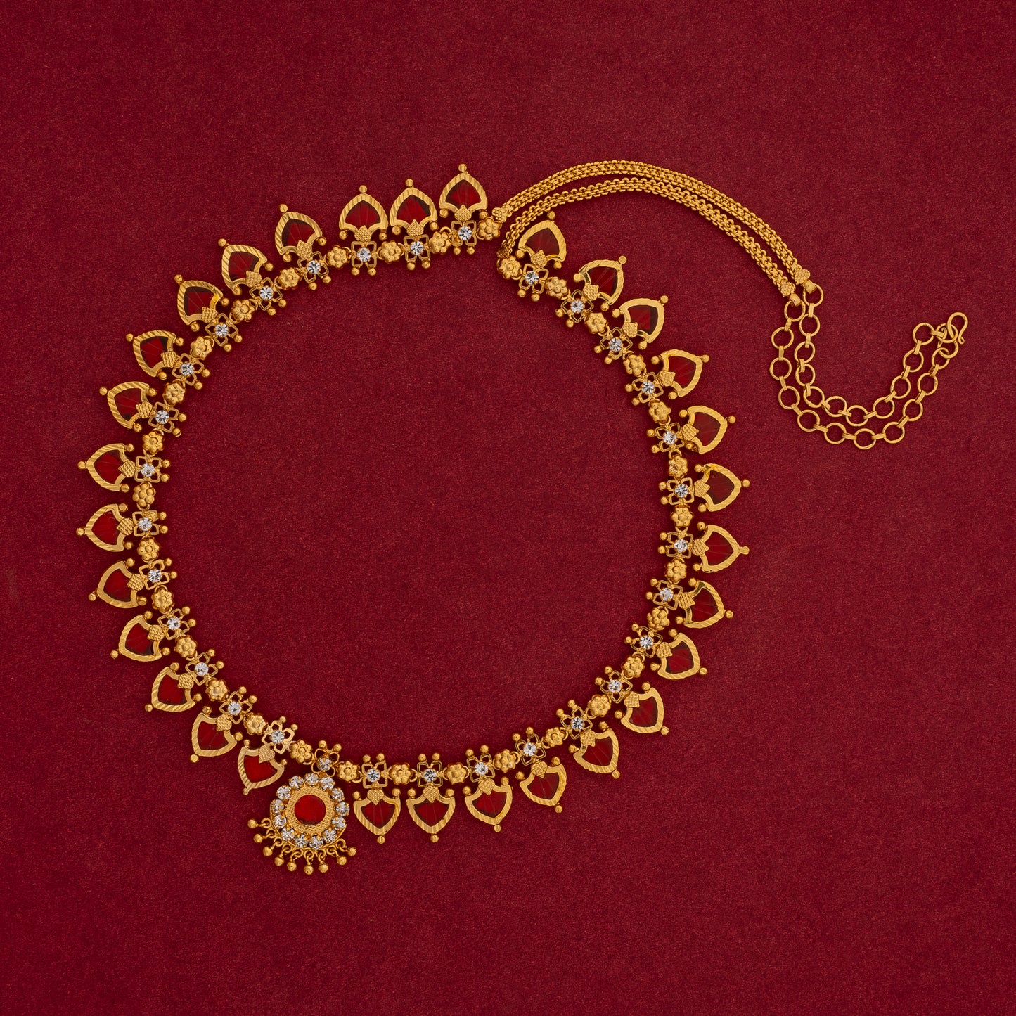 KERALA TRADITIONAL RED COLOUR GOLD PLATED PALAKKAMALA JEWELLERY