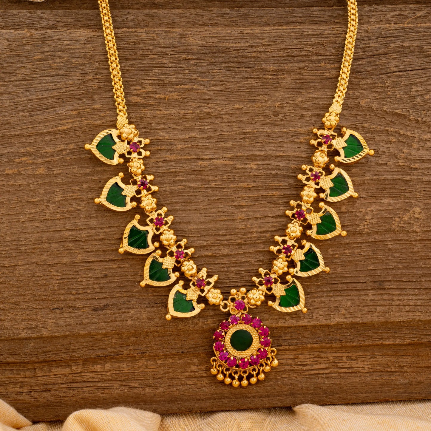 KERALA TRADTIONAL GREEN COLOUR GOLD PLATED PALAKKA MALA JEWELLERY
