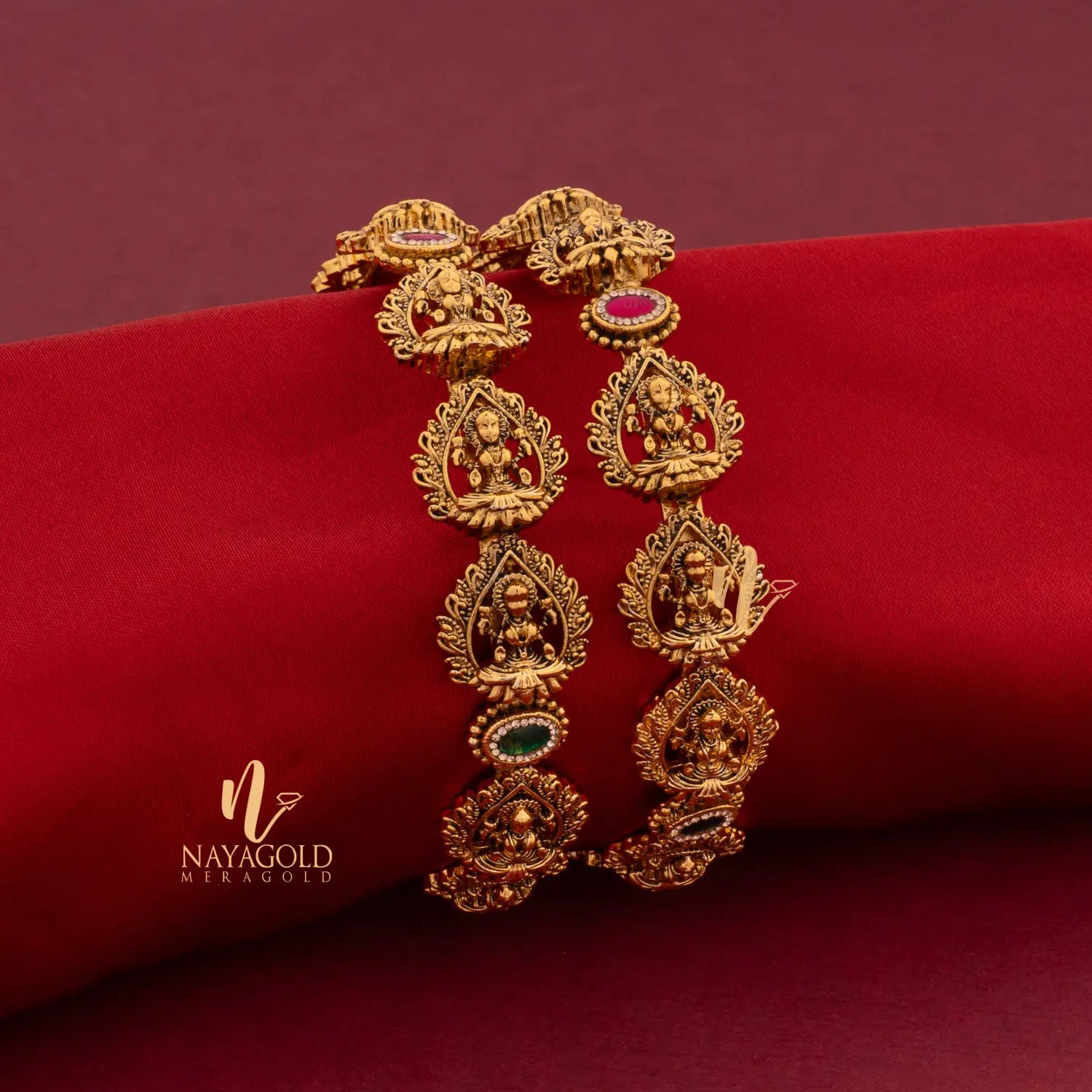 GOLD PLATED  ANTIQUE BANGLE LAKSHMI  WITH ROUND STONE 