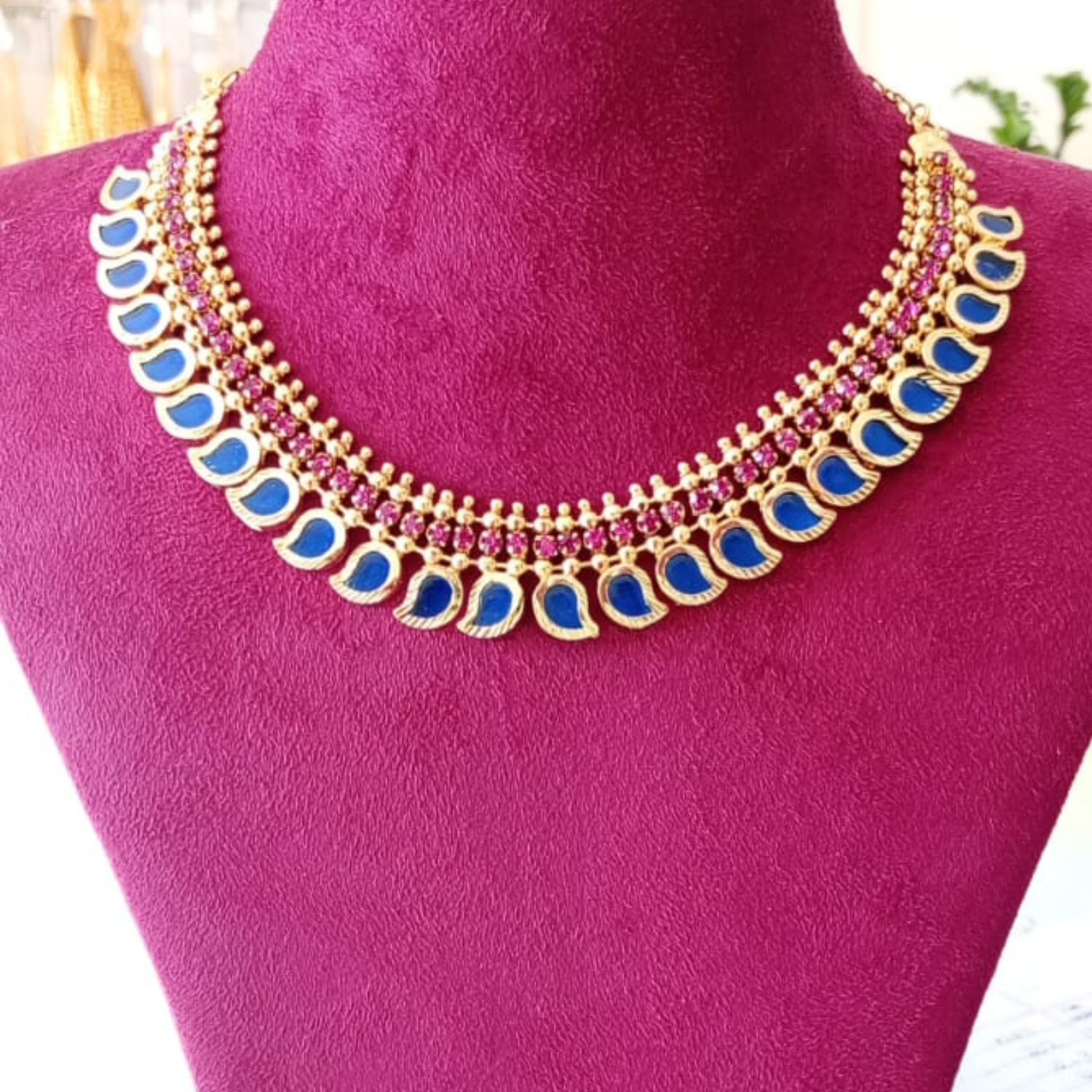 GOLD PLATED BLUE COLOUR MANGO WITH PINK STONE