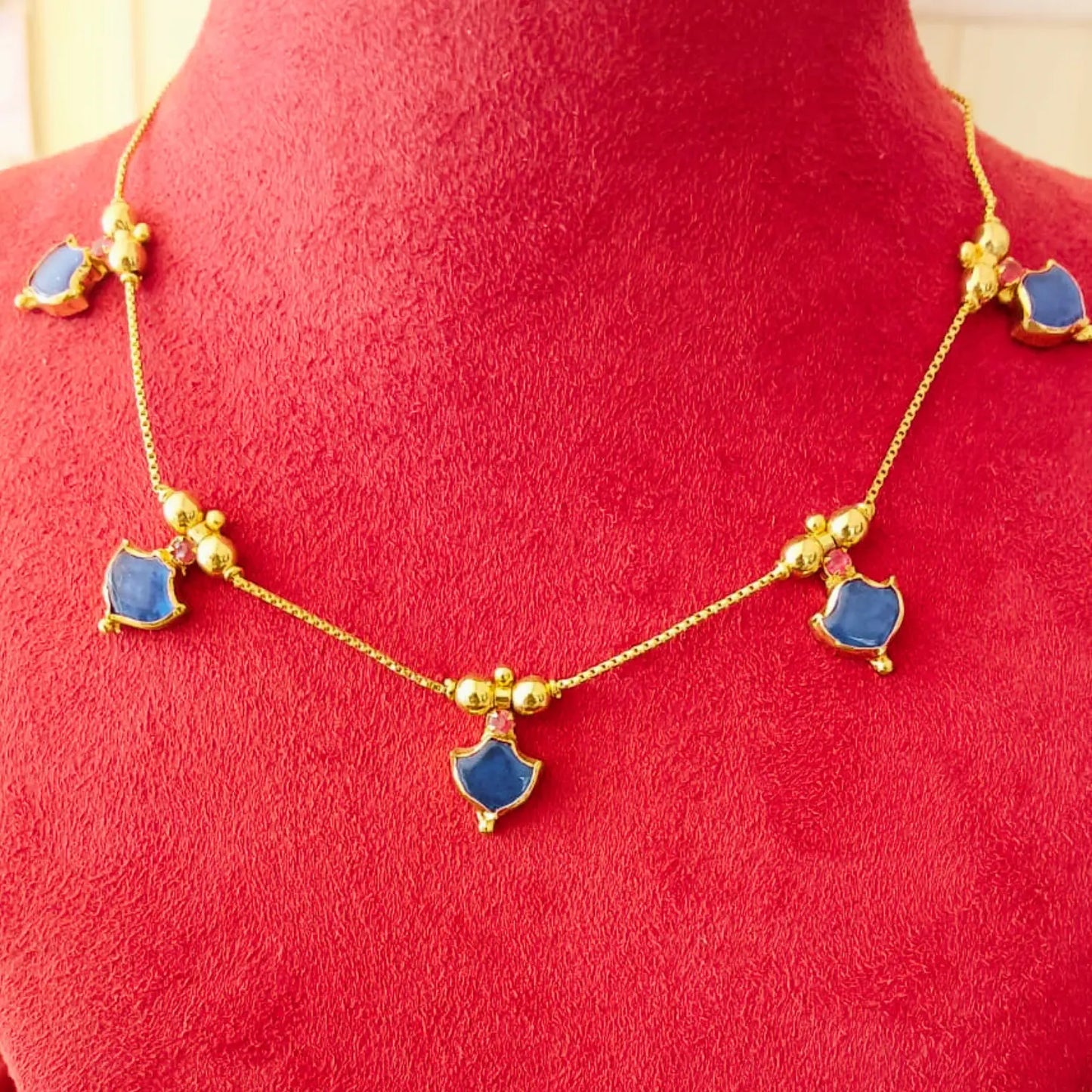 GOLD PLATED  BLUE COLOUR PALAKKA ULLIBALL NECKLACE