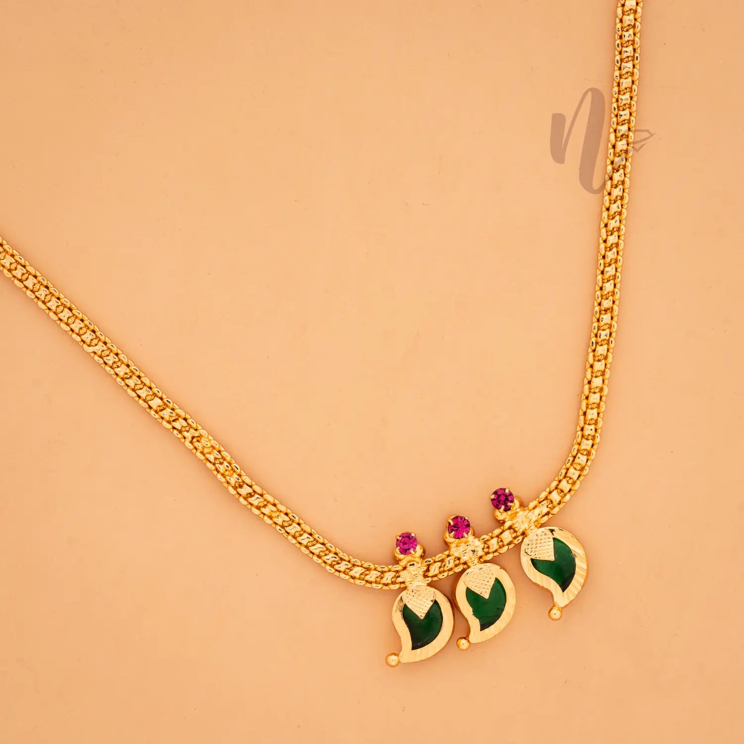 GOLD PLATED  GREEN 3 KATTA MANGO NECKLACE