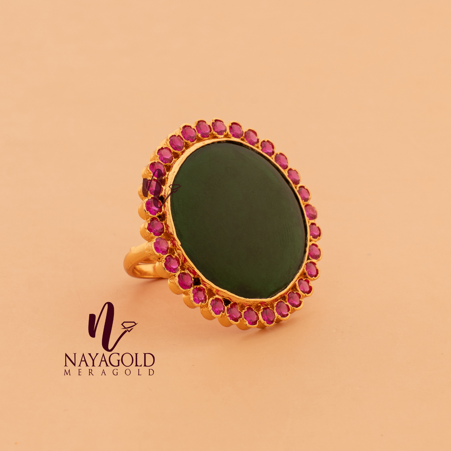 GOLD PLATED GREEN COLOUR ROUND PALAKKA WITH PINK STONE  RING