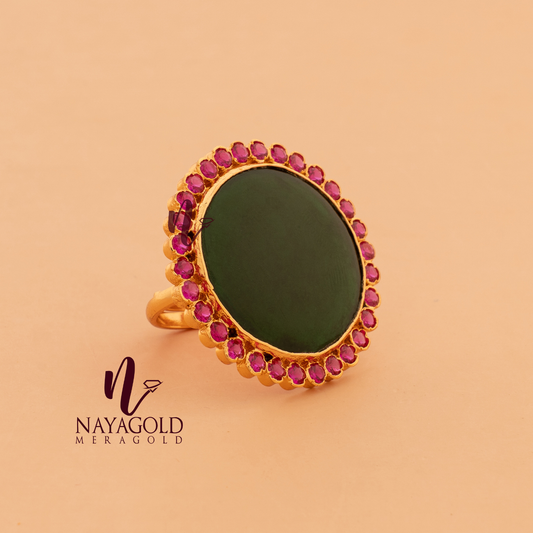 GOLD PLATED GREEN COLOUR ROUND PALAKKA WITH PINK STONE  RING