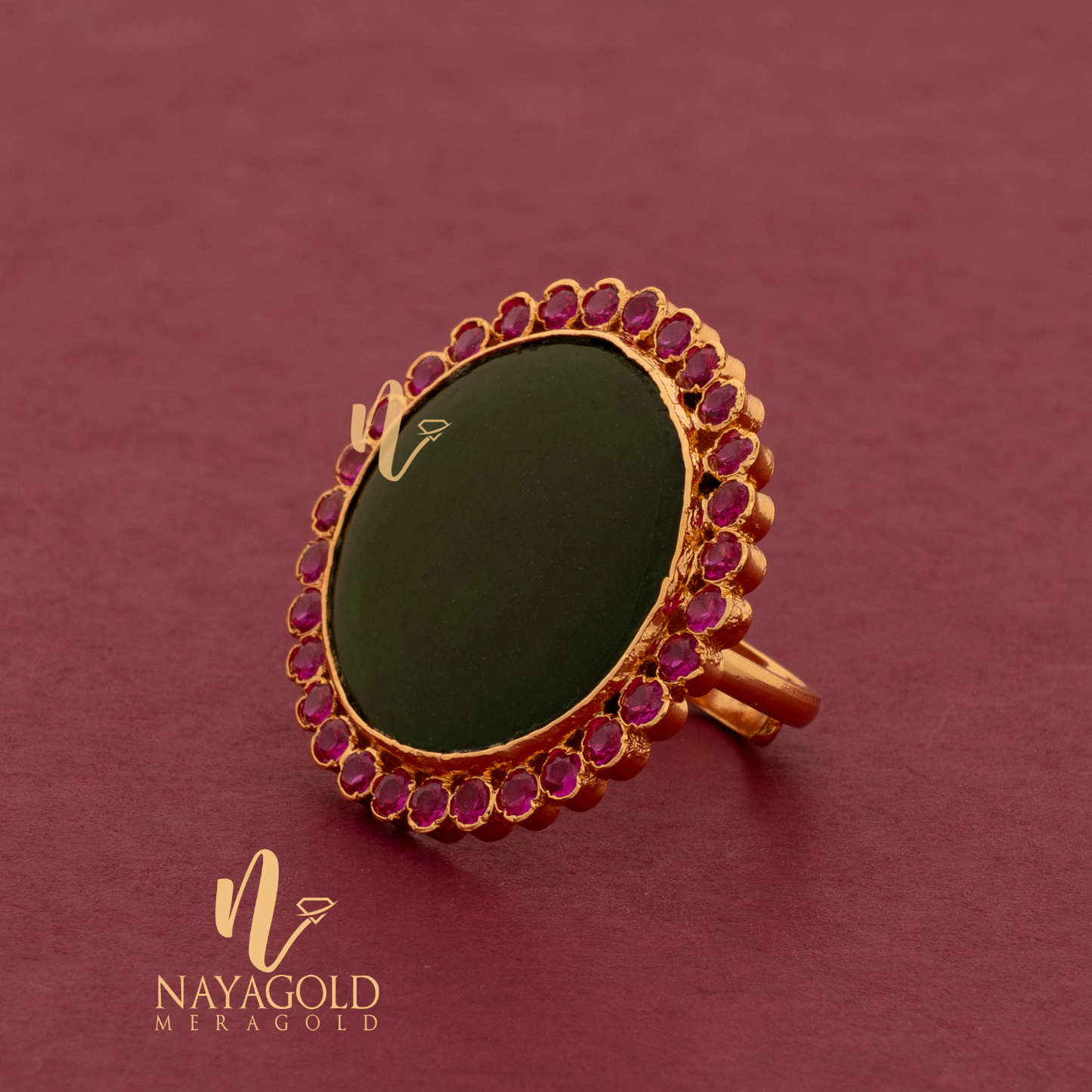 GOLD PLATED GREEN ROUND RING WITH PINK STONE 