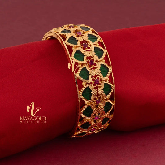 GOLD PLATED TRADITIONAL GREEN COLOUR DOUBLE LAYER PALAKKA WITH PINK STONE