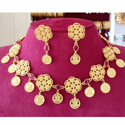 KERALA TRADITIONAL FLOWER PINK STONE COIN NECKLACE