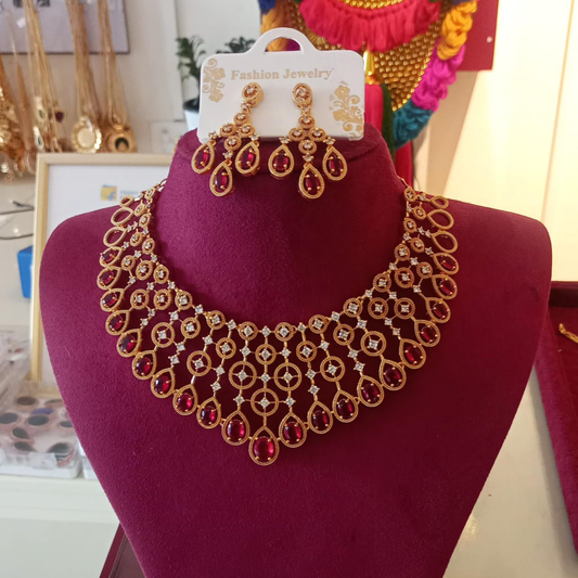 PARTY WEAR RED STONE  JEWELLERY SET