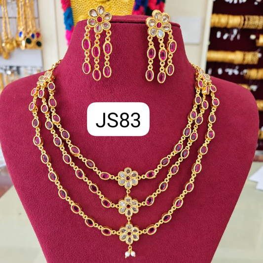 THREE LAYER RUBY STONE JEWELLERY SET 