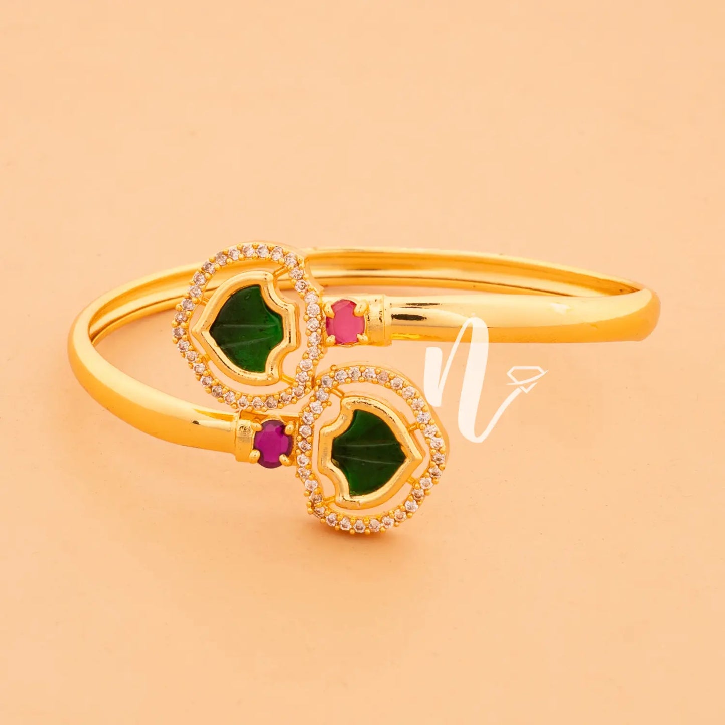 gold plated adjustable bangle with white stone