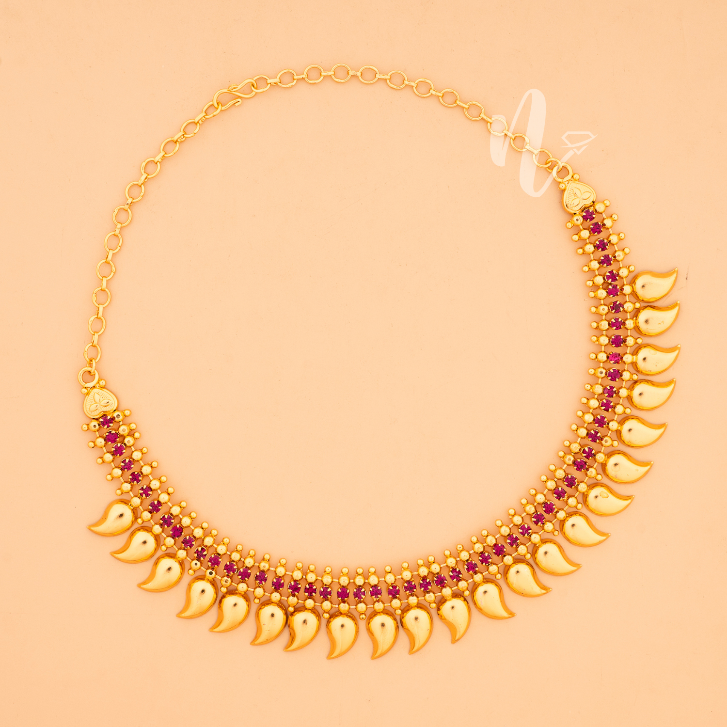 gold plated necklace with pink stone