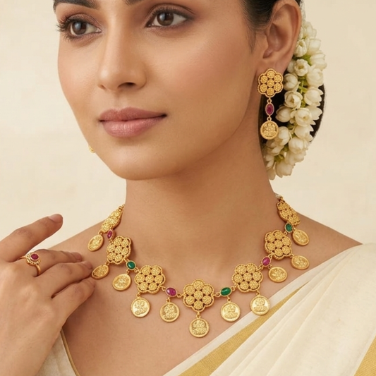 kerala model flower  stone necklace and earings 