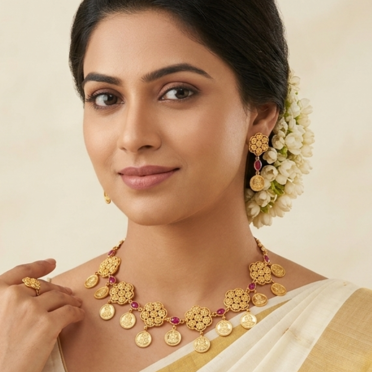 traditonal flower stone lakshmi neclace 